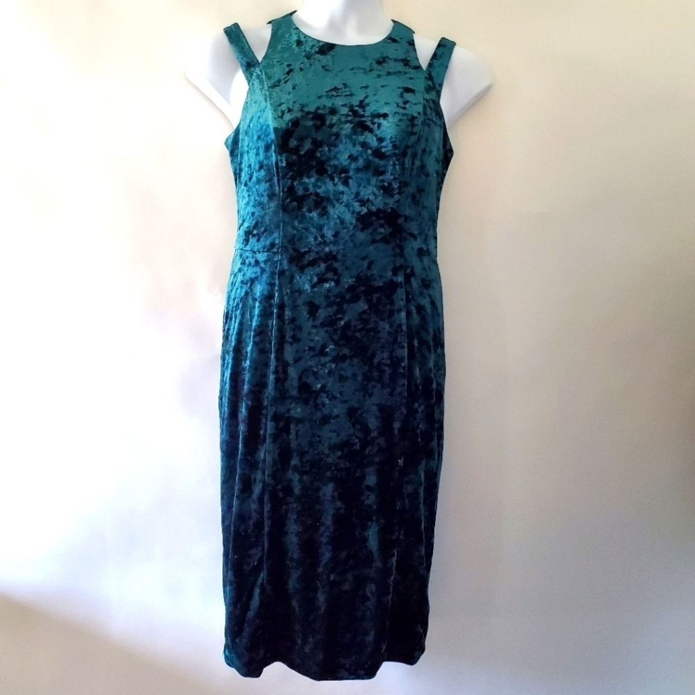 Maggy London Crushed Velvet Midi Dress Size 10 Green Stretch Velour Party
